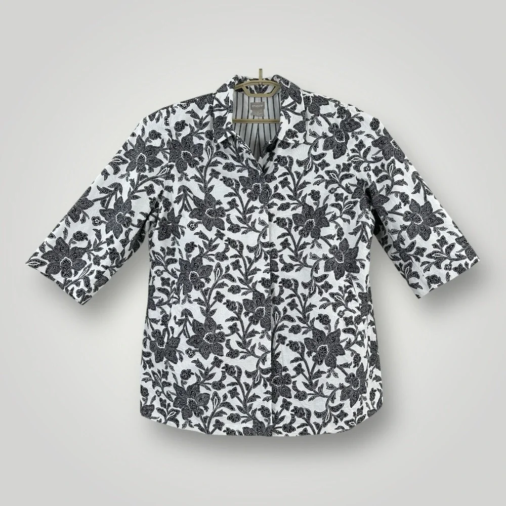 Chico's Swing Jacket Size 3 (16/18) Black White Embossed Floral 3/4 Sleeve Lined